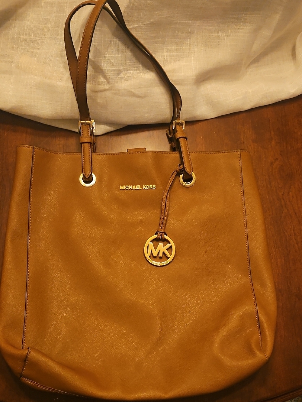 Michael Kors Cognac Leather Tote with Gold MK Charm